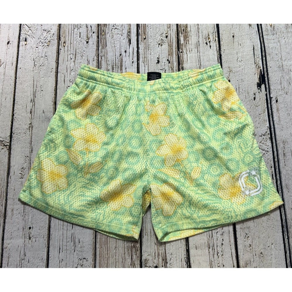 Overtime Men Medium Green Orange Floral Mesh‎ Basketball Shorts Relaxed Fit Logo